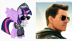 Size: 1363x768 | Tagged: safe, twilight sparkle, alicorn, human, pony, g4, aviator sunglasses, bomber jacket, clothes, duo, female, jacket, looking over glasses, looking over sunglasses, mare, maverick, side by side, sunglasses, tom cruise, top gun, twilight sparkle (alicorn), wonderbolts