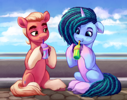 Size: 3636x2853 | Tagged: safe, artist:fantein, misty brightdawn, sprout cloverleaf, earth pony, pony, unicorn, g5, cornrows, cute, duo, female, freckles, high res, looking at someone, male, mare, maretime bay, mistybetes, ship:mistyclover, shipping, sitting, smoothie, sproutbetes, stallion, straight