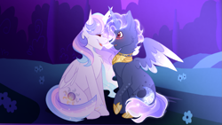Size: 1191x671 | Tagged: safe, artist:selenavivacity, oc, oc only, oc:sapphire moon, oc:selena vivacity, alicorn, pony, alicorn oc, blushing, colored wings, ethereal mane, female, hoof shoes, horn, magical lesbian spawn, male, mare, oc x oc, offspring, offspring shipping, parent:king sombra, parent:princess luna, parent:rainbow dash, parent:twilight sparkle, parents:lumbra, parents:twidash, peytral, shipping, sitting, sparkly wings, stallion, straight, wings