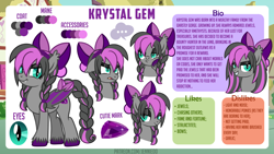 Size: 1200x676 | Tagged: safe, artist:jennieoo, oc, oc only, oc:krystal gem, bat pony, pegasus, pony, angry, bedroom eyes, bio, bored, bow, braid, bust, cutie mark, dislikes, full body, hair bow, hairband, likes, looking at you, portrait, reference, reference sheet, show accurate, simple background, smiling, smiling at you, solo