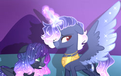 Size: 1125x710 | Tagged: safe, artist:nocturnal-moonlight, artist:selenavivacity, oc, oc only, oc:lunar galaxy, oc:sapphire moon, alicorn, pony, alicorn oc, argument, base used, brothers, coat markings, colored pupils, colored wings, duo, duo male, ethereal mane, horn, magic, magic aura, male, offspring, parent:king sombra, parent:princess luna, parents:lumbra, peytral, siblings, sparkly wings, stallion, wings