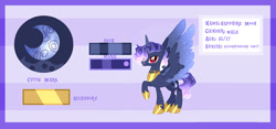 Size: 1280x598 | Tagged: safe, artist:selenavivacity, oc, oc only, oc:sapphire moon, alicorn, pony, alicorn oc, colored pupils, colored wings, cutie mark, ethereal mane, frame, hoof shoes, horn, male, offspring, parent:king sombra, parent:princess luna, parents:lumbra, peytral, reference sheet, sparkly wings, stallion, striped background, wings