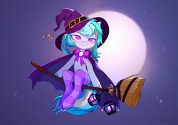 Size: 1200x847 | Tagged: safe, artist:sofiko-ko, oc, oc only, oc:sour comet, pony, unicorn, broom, cape, clothes, commission, flying, flying broomstick, hat, lantern, moon, socks, solo, striped socks, witch, witch hat, ych result