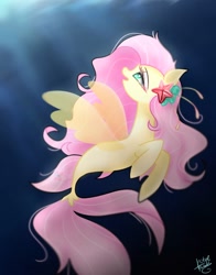 Size: 1074x1368 | Tagged: safe, artist:petaltwinkle, fluttershy, pegasus, pony, seapony (g4), starfish, colored pupils, crepuscular rays, cute, digital art, dorsal fin, eyelashes, female, fin wings, fins, fish tail, flowing mane, flowing tail, green eyes, looking up, mare, ocean, open mouth, pink mane, seaponified, seapony fluttershy, shyabetes, signature, smiling, solo, species swap, sunlight, swimming, tail, underwater, water, wings