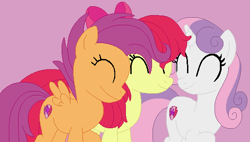 Size: 564x320 | Tagged: safe, artist:jadeharmony, artist:painterede, apple bloom, scootaloo, sweetie belle, earth pony, pegasus, pony, unicorn, g4, adorabloom, apple bloom's bow, base used, bow, cute, cutealoo, cutie mark crusaders, diasweetes, eyes closed, hair bow, older, older apple bloom, older cmc, older scootaloo, older sweetie belle, pink background, simple background, trio