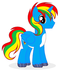 Size: 894x1054 | Tagged: safe, artist:existencecosmos188, oc, oc only, oc:shield wing, alicorn, pony, 2023 community collab, derpibooru community collaboration, alicorn oc, horn, male, multicolored hair, rainbow hair, simple background, smiling, solo, stallion, transparent background, unshorn fetlocks, wings