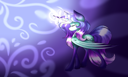 Size: 3147x1905 | Tagged: safe, artist:aquasky987, oc, oc only, alicorn, pony, abstract background, alicorn oc, eyes closed, glowing, glowing horn, horn, solo, wings