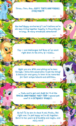 Size: 2048x3397 | Tagged: safe, gameloft, applejack, celena, eff stop, fancypants, featherweight, fluttershy, gem glitter, hoity toity, lily, lily valley, mr. breezy, natalya, pinkie pie, princess ember, rainbow dash, rarity, thunderlane, tote bag (g4), twilight sparkle, alicorn, earth pony, pegasus, pony, unicorn, g4, anniversary, applejack's hat, cowboy hat, dialogue, english, event, hat, high res, horn, mane six, mlp gameloft tenth anniversary, sailor moon, sailor moon (series), speech bubble, spread wings, text, tree, twilight sparkle (alicorn), wings