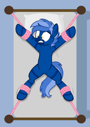 Size: 4227x5960 | Tagged: safe, artist:equestria secret guard, oc, oc only, oc:dark straw, hybrid, pony, zony, armpits, bed, belly button, bondage, featureless crotch, on bed, rope, rope bondage, solo, spread eagle, tied up, vector, zony oc