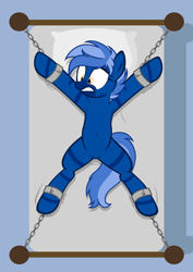 Size: 4227x5960 | Tagged: safe, alternate version, artist:equestria secret guard, derpibooru exclusive, oc, oc only, oc:dark straw, hybrid, pony, zony, armpits, bed, belly button, bondage, chains, featureless crotch, on bed, solo, spread eagle, tied up, vector, zony oc