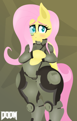 Size: 1938x3051 | Tagged: safe, artist:isaac_pony, fluttershy, pegasus, semi-anthro, g4, arm hooves, clothes, doom, female, glasses, logo, shy, solo, suit, thick, wide hips