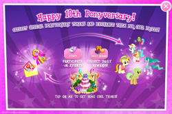 Size: 1962x1304 | Tagged: safe, gameloft, fair way, goldie delicious, mistmane, peachy pitt, earth pony, pony, unicorn, g4, anniversary, balloon, bow, braid, bush, cake, card, clock, clothes, curved horn, english, envelope, ethereal mane, ethereal tail, event, female, flowing mane, flowing tail, food, hair bow, hat, heart, heart balloon, horn, key, mare, mlp gameloft tenth anniversary, present, ribbon, tail, text, young, young mistmane