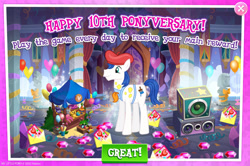 Size: 1960x1298 | Tagged: safe, gameloft, acrylic paint (g4), earth pony, pony, g4, anniversary, balloon, beret, bust, card, clothes, english, envelope, event, gem, hat, heart, heart balloon, male, mlp gameloft tenth anniversary, overalls, plushie, solo, speaker, stallion, text