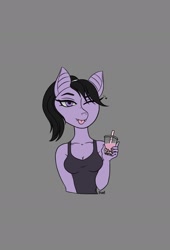 Size: 1250x1834 | Tagged: artist needed, source needed, safe, oc, oc only, anthro, breasts, bubble tea, cleavage, clothes, drink, fangs, female, gray background, heart, one eye closed, ponytail, simple background, tank top, tongue out, wink