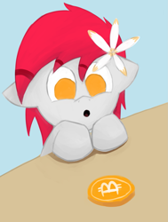 Size: 1143x1511 | Tagged: safe, artist:appledash, derpibooru exclusive, oc, oc only, oc:tiny jasmini, pegasus, pony, :o, bitcoin, cryptocurrency, cute, female, flower, flower in hair, mare, open mouth, pegasus oc, solo, table
