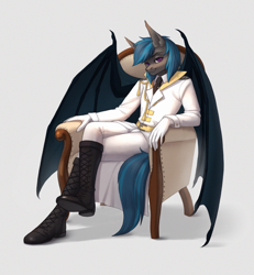 Size: 2769x3000 | Tagged: safe, artist:miurimau, oc, oc only, oc:nocturne star, bat pony, anthro, blue hair, boots, chair, clothes, gray coat, high res, male, purple eyes, shoes, smug, solo, spread wings, suit, uniform, wings