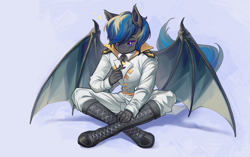 Size: 2530x1590 | Tagged: safe, artist:莫衡, oc, oc only, oc:nocturne star, bat pony, anthro, blue hair, boots, clothes, gray coat, purple eyes, shoes, solo, spread wings, uniform, wings