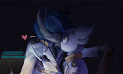 Size: 2500x1500 | Tagged: safe, artist:秋田伊子, oc, oc only, oc:nocturne star, oc:tristan alastair, bat pony, griffon, anthro, bat pony oc, blue hair, blushing, cheek kiss, clothes, gay, gray coat, griffon oc, kissing, male, night, oc x oc, office, shipping, uniform, white fur, yellow eyes