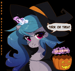 Size: 2000x1885 | Tagged: safe, artist:avrameow, izzy moonbow, pony, unicorn, g5, black background, clothes, costume, halloween, halloween costume, hat, holiday, pumpkin bucket, simple background, witch hat