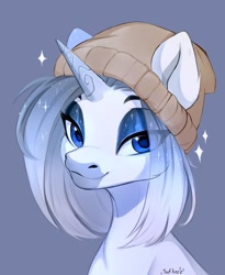 Size: 982x1200 | Tagged: safe, artist:sofiko-ko, oc, oc only, pony, unicorn, beanie, bust, eyeshadow, female, hat, looking at you, makeup, mare, portrait, shiny, smiling, solo