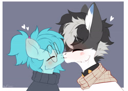 Size: 3508x2480 | Tagged: safe, artist:sofiko-ko, oc, oc only, oc:whispy slippers, pony, clothes, duo, eyes closed, glasses, high res, kiss on the lips, kissing, round glasses, sweater