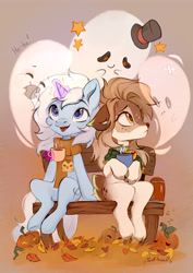 Size: 2894x4093 | Tagged: safe, artist:sofiko-ko, oc, oc only, oc:eula phi, oc:sofiko, deer, pony, unicorn, bell, bell collar, bench, clothes, collar, deer oc, hat, horn, leaves, non-pony oc, pumpkin, scarf, unicorn oc