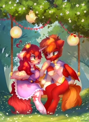 Size: 2994x4096 | Tagged: safe, artist:sofiko-ko, oc, oc only, pegasus, pony, unicorn, clothes, dress, swing