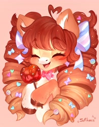 Size: 3198x4096 | Tagged: safe, artist:sofiko-ko, oc, oc only, oc:candy apple, pony, ahoge, candy, food, freckles, solo