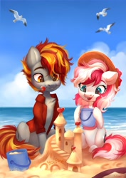 Size: 2896x4096 | Tagged: safe, artist:sofiko-ko, oc, oc only, earth pony, pony, beach, female, high res, male, mare, pail, sand, sandcastle, shipping, stallion, straight