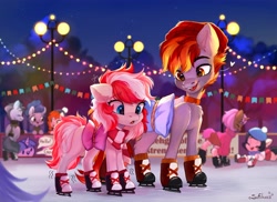 Size: 4096x2981 | Tagged: safe, artist:sofiko-ko, oc, oc only, earth pony, pony, unicorn, clothes, female, hat, high res, ice rink, ice skates, ice skating, male, mare, pillow, skates, stallion, string lights, sweater