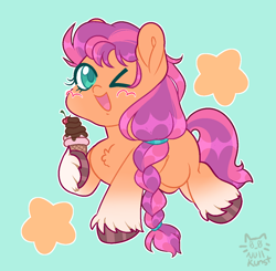 Size: 1244x1221 | Tagged: safe, artist:zerotheillemonati, sunny starscout, earth pony, pony, g5, braid, braided ponytail, chibi, cute, female, food, ice cream, ice cream cone, one eye closed, ponytail, solo, sunnybetes, unshorn fetlocks, wink