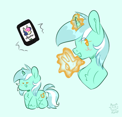 Size: 1254x1200 | Tagged: safe, artist:zerotheillemonati, bon bon, lyra heartstrings, sweetie drops, pony, unicorn, g4, cellphone, cute, female, glowing, glowing horn, green background, hand, horn, lyrabetes, magic, magic hands, mare, open mouth, open smile, phone, simple background, smiling