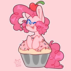 Size: 1000x1000 | Tagged: safe, artist:zerotheillemonati, pinkie pie, earth pony, pony, g4, cupcake, female, food, pink background, simple background, solo