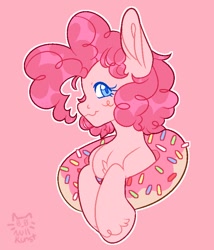 Size: 672x784 | Tagged: safe, artist:zerotheillemonati, pinkie pie, earth pony, pony, g4, donut, female, food, pink background, simple background, solo