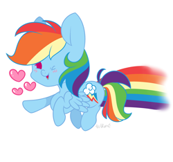 Size: 3200x3000 | Tagged: safe, artist:zerotheillemonati, rainbow dash, pegasus, pony, g4, blushing, chibi, cute, dashabetes, female, flying, heart, high res, mare, one eye closed, open mouth, open smile, rainbow trail, simple background, smiling, solo, white background