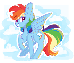Size: 1874x1600 | Tagged: safe, artist:zerotheillemonati, rainbow dash, pegasus, pony, g4, backwards cutie mark, chest fluff, cloud, ear fluff, female, fluffy, grin, looking sideways, outline, sky background, smiling, solo, white outline