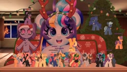 Size: 706x402 | Tagged: safe, artist:partypievt, oc, oc:indigo wire, pony, unicorn, anthro, spoiler:doki doki literature club, anthro with ponies, antlers, christmas, christmas lights, christmas tree, couch, doki doki literature club, hat, holiday, just monika, monika, ponytail, santa hat, spoilers for another series, streaming, table, text, thumbnail, tree, vtuber