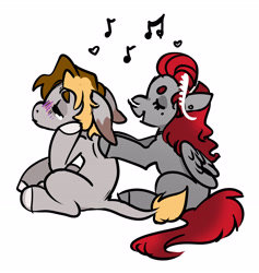 Size: 3298x3477 | Tagged: safe, artist:opalacorn, oc, oc only, oc:void, pegasus, pony, backrub, duo, floppy ears, high res, music notes, nose piercing, nose ring, piercing, simple background, singing, white background