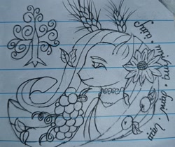 Size: 3197x2694 | Tagged: safe, artist:tupuan, pony, flower, food, grapes, high res, leaves, lined paper, magic, solo, traditional art, tree