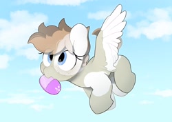 Size: 3035x2150 | Tagged: safe, artist:mochi_nation, oc, oc only, oc:sunrich maron, pegasus, pony, clothes, coat markings, cute, eye clipping through hair, female, flying, freckles, high res, mare, mouth hold, ocbetes, slippers, solo