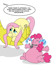 Size: 800x1000 | Tagged: safe, artist:diablo2000, discord, fluttershy, pinkie pie, draconequus, earth pony, pegasus, pony, g4, 2014, crying, duo focus, eyes closed, fat, fattershy, female, hoof sucking, in goliath's palm, mare, ocular gushers, offscreen character, pudgy pie, simple background, size difference, speech bubble, white background, zipper, zippermouth