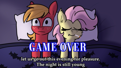 Size: 1920x1080 | Tagged: safe, artist:tjpones, big macintosh, fluttershy, bat pony, earth pony, pony, g4, :|, aftersex, bat ponified, bed, castlevania, castlevania: symphony of the night, cheek fluff, cigarette, duo, eyes closed, female, flutterbat, game over, halloween, holiday, in bed, male, mare, open mouth, overhead view, race swap, screenshots, sheet, ship:fluttermac, shipping, smiling, smoking, stallion, stare, straight, text, video at source