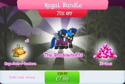 Size: 1270x858 | Tagged: safe, gameloft, descent, nightshade, pegasus, pony, g4, aviator goggles, bundle, clothes, corn, costs real money, costume, english, flight suit, food, gem, goggles, group, halloween, holiday, jack-o-lantern, numbers, pumpkin, regal bundle, sale, shadowbolts, shadowbolts (nightmare moon's minions), shadowbolts costume, shadowbolts uniform, spread wings, text, trio, wings