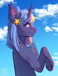 Size: 2773x3619 | Tagged: safe, artist:jaynsparkle, oc, oc only, pony, unicorn, commission, female, hair accessory, high res, looking back, mare, sky, smiling, solo, underhoof
