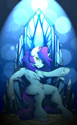 Size: 2347x3800 | Tagged: artist needed, source needed, safe, oc, oc only, oc:crystal eve, pony, belly fluff, chest fluff, fluffy, high res, sitting, solo, throne, unshorn fetlocks