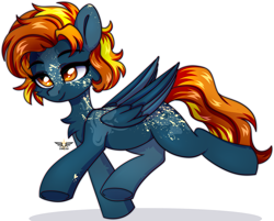 Size: 2285x1835 | Tagged: safe, artist:stesha, oc, oc only, pegasus, pony, catchlights, chest fluff, eyebrows, eyebrows visible through hair, female, folded wings, freckles, full body, heart, heart eyes, looking away, mare, multicolored mane, multicolored tail, orange eyes, pegasus oc, short mane, simple background, smiling, solo, spots, tail, trade, white background, wingding eyes, wings