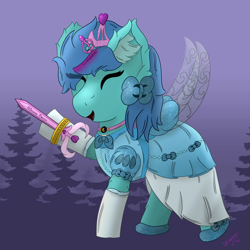 Size: 3000x3000 | Tagged: safe, artist:spiroudada, oc, oc only, oc:magic star, pony, unicorn, clothes, crossdressing, cute, dress, fairy wings, female, filly, foal, happy, high res, smiling, solo, sword, weapon, wings