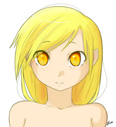 Size: 800x878 | Tagged: safe, artist:derpiihooves, derpy hooves, human, g4, 2011, bare shoulder portrait, bare shoulders, bust, female, humanized, looking at you, nudity, old art, portrait, simple background, solo, underp, white background