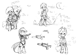 Size: 2000x1414 | Tagged: safe, artist:derpiihooves, pinkie pie, rainbow dash, pony, semi-anthro, g4, 2012, arm hooves, armor, bipedal, clothes, duo, energy weapon, female, gun, hat, hoof hold, mare, monochrome, old art, star wars, star wars: the old republic, weapon