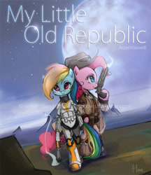 Size: 500x578 | Tagged: safe, artist:derpiihooves, pinkie pie, rainbow dash, human, g4, 2012, armor, bipedal, clothes, duo, energy weapon, fanfic art, female, gun, hat, hoof hold, humanized, needs more jpeg, old art, star wars, star wars: the old republic, weapon